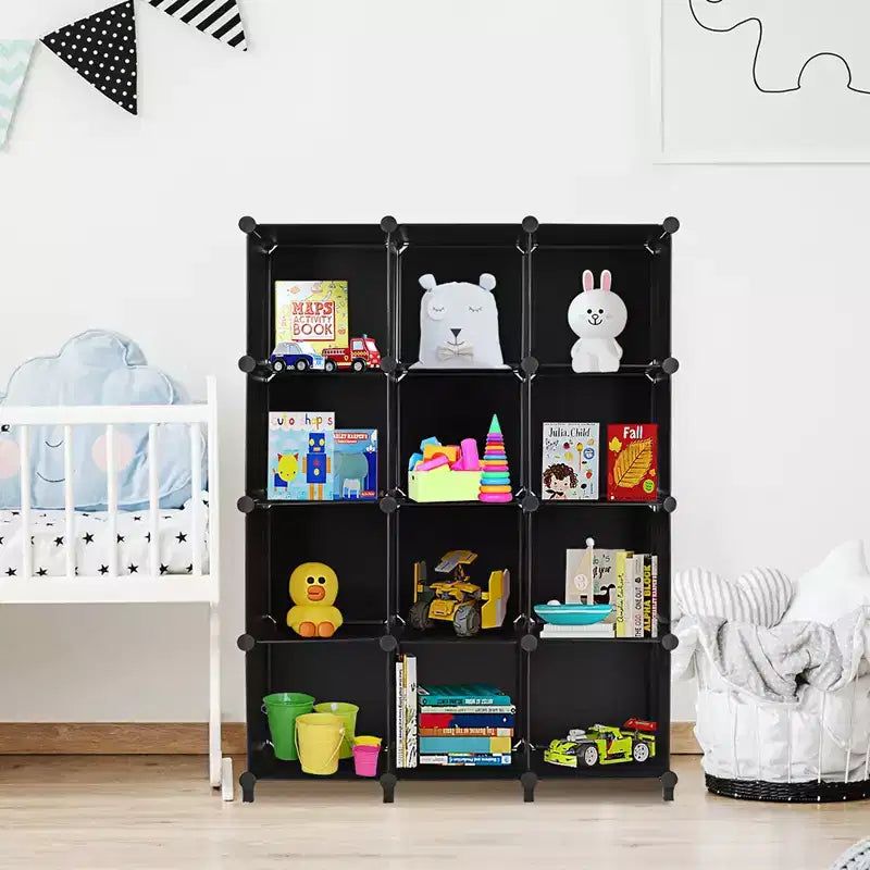 Organisateur de rangement 12 cubes en plastique avec cadre en acier noir