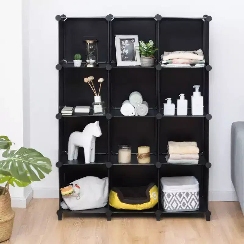 Organisateur de rangement 12 cubes en plastique avec cadre en acier noir