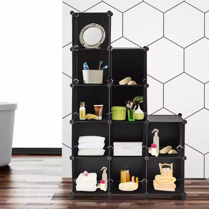 Organisateur de rangement 12 cubes en plastique avec cadre en acier noir