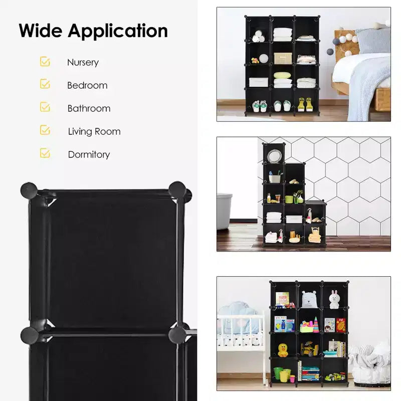 Organisateur de rangement 12 cubes en plastique avec cadre en acier noir