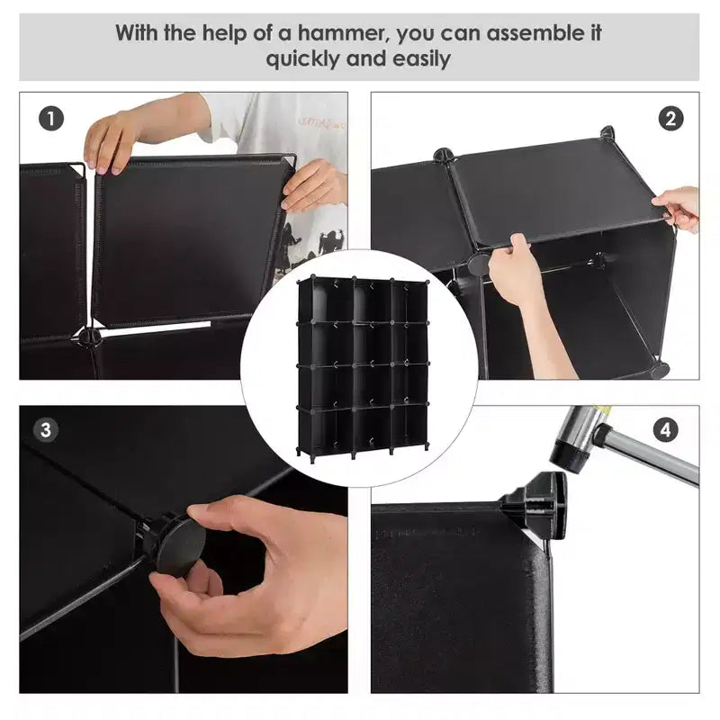 Organisateur de rangement 12 cubes en plastique avec cadre en acier noir