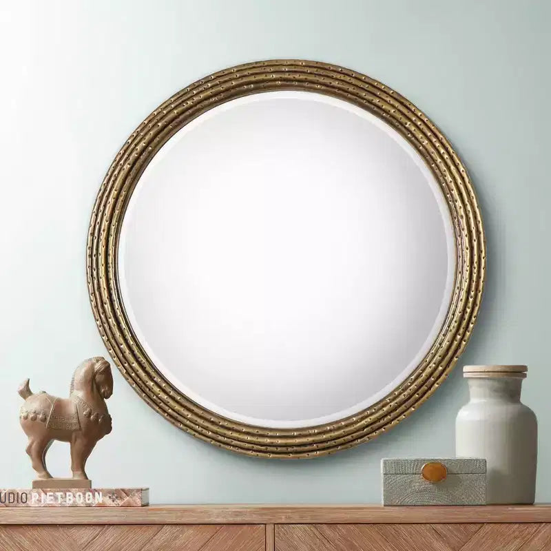 Miroir Mural Décoratif Rond Coiffeuse Cadre en Fer Martelé Doré Vieilli Rustique 42 1/4 Large Salle de Bain Chambre Salon