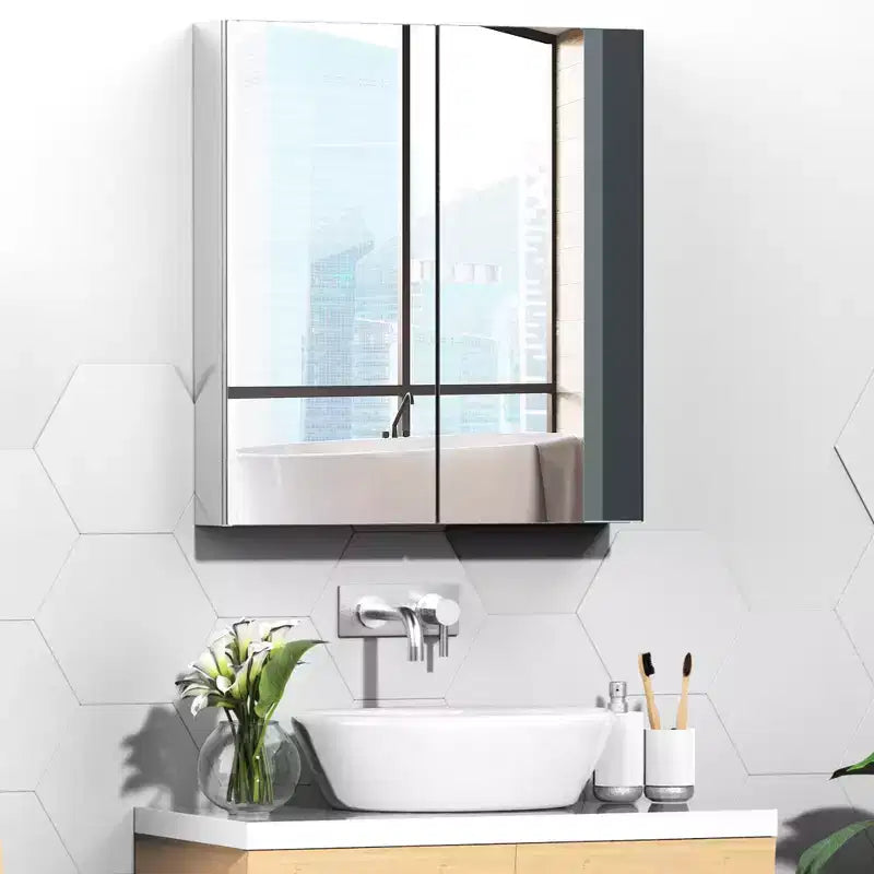 Armoire de toilette avec miroir, 24x26 pouces, en acier inoxydable, meuble de rangement mural avec portes doubles, argenté