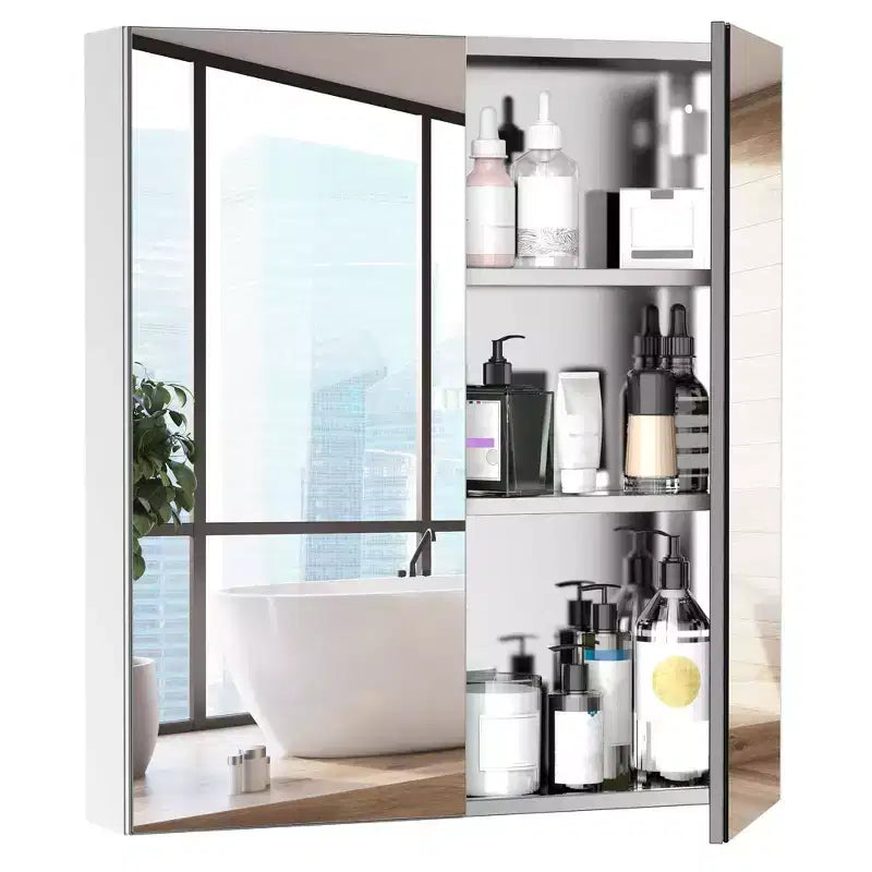 Armoire de toilette avec miroir, 24x26 pouces, en acier inoxydable, meuble de rangement mural avec portes doubles, argenté