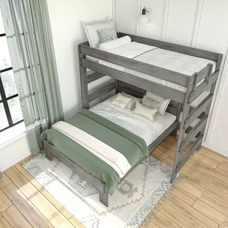 Lit superposé en bois massif, Lit superposé en L, deux places au-dessus d'un lit double, pour enfants, style ferme moderne