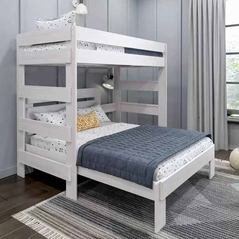 Lit superposé en bois massif, Lit superposé en L, deux places au-dessus d'un lit double, pour enfants, style ferme moderne