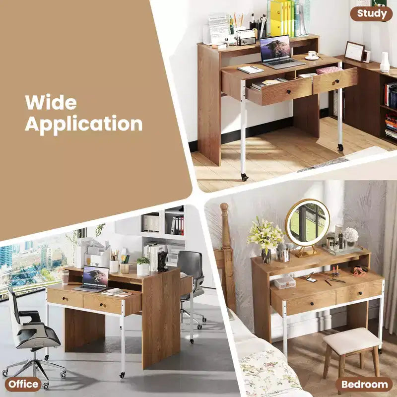 Bureau informatique roulant extensible de 100 cm avec étagère pour écran, bureau à 2 niveaux et 2 tiroirs