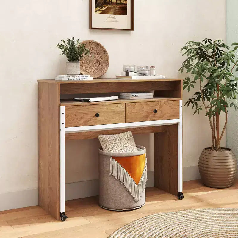 Bureau informatique roulant extensible de 100 cm avec étagère pour écran, bureau à 2 niveaux et 2 tiroirs