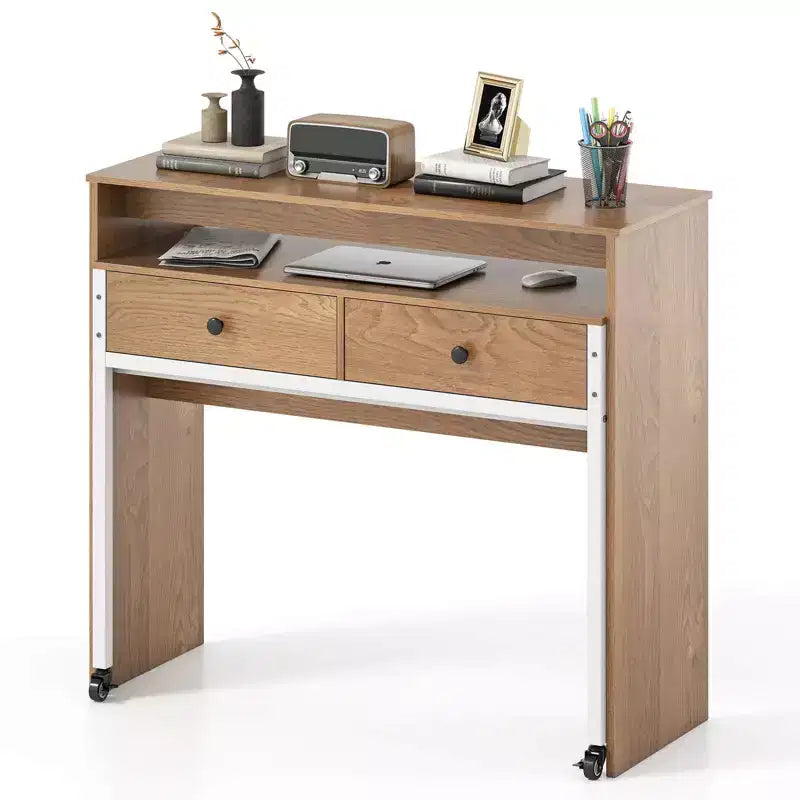 Bureau informatique roulant extensible de 100 cm avec étagère pour écran, bureau à 2 niveaux et 2 tiroirs