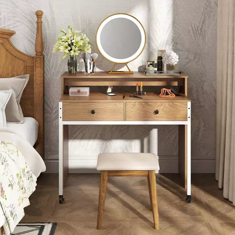 Bureau informatique roulant extensible de 100 cm avec étagère pour écran, bureau à 2 niveaux et 2 tiroirs