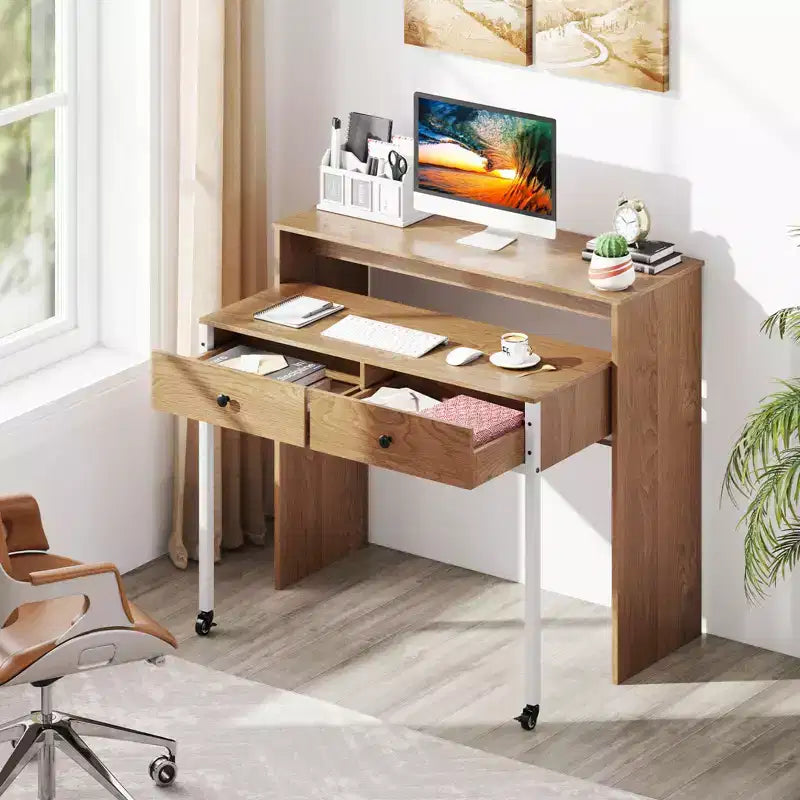 Bureau informatique roulant extensible de 100 cm avec étagère pour écran, bureau à 2 niveaux et 2 tiroirs