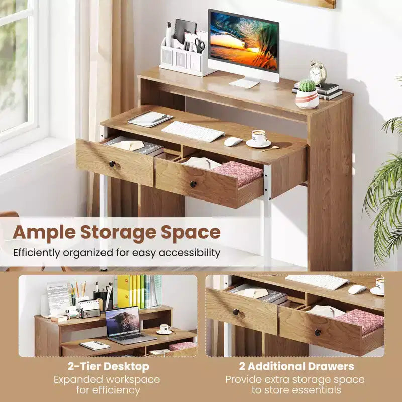 Bureau informatique roulant extensible de 100 cm avec étagère pour écran, bureau à 2 niveaux et 2 tiroirs