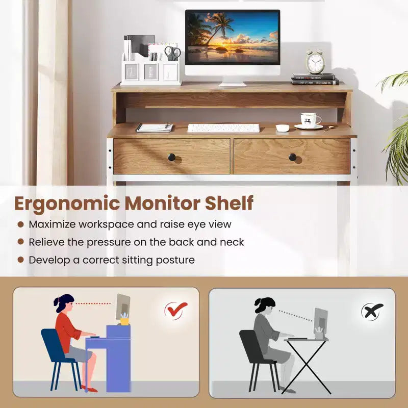 Bureau informatique roulant extensible de 100 cm avec étagère pour écran, bureau à 2 niveaux et 2 tiroirs