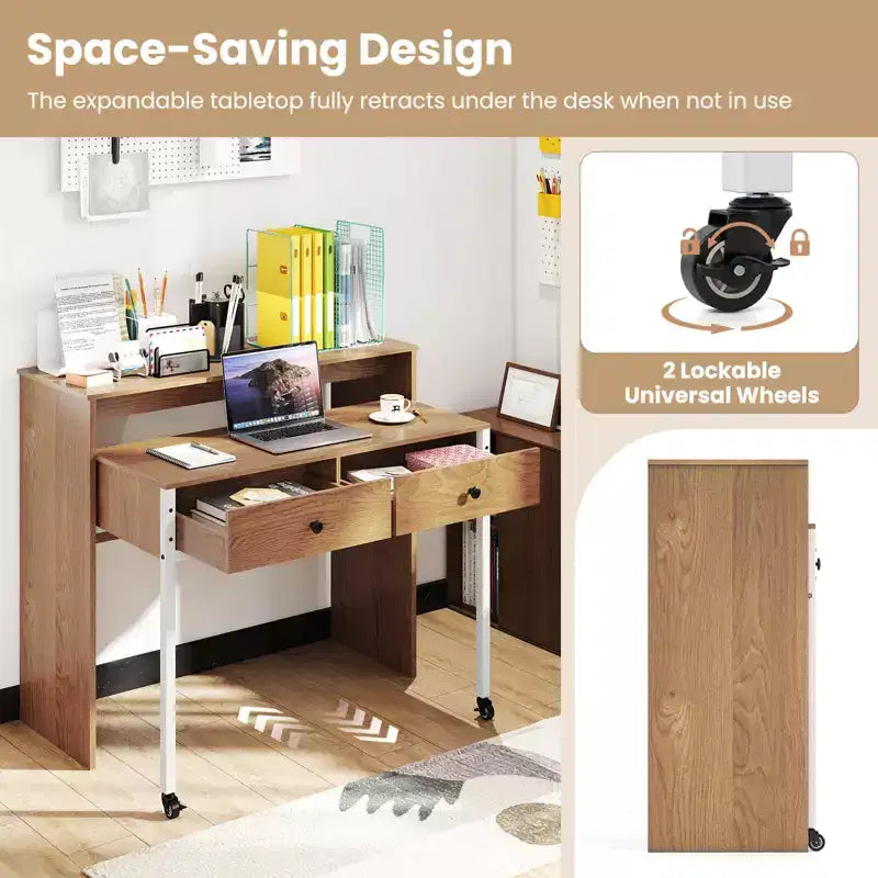Bureau informatique roulant extensible de 100 cm avec étagère pour écran, bureau à 2 niveaux et 2 tiroirs