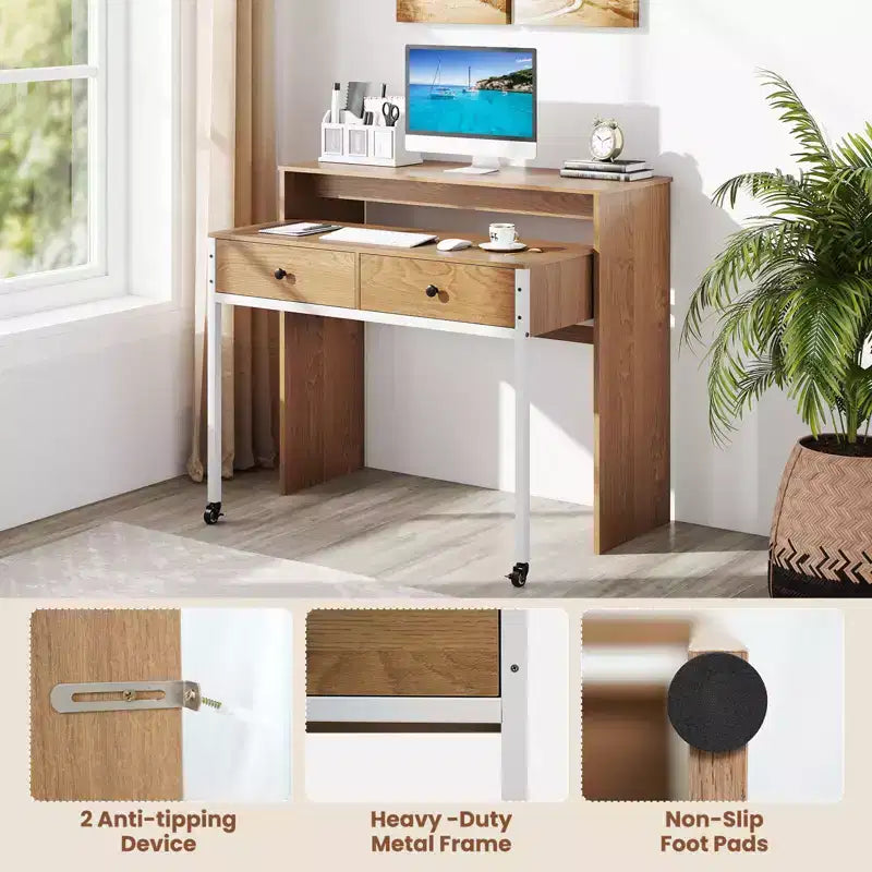 Bureau informatique roulant extensible de 100 cm avec étagère pour écran, bureau à 2 niveaux et 2 tiroirs